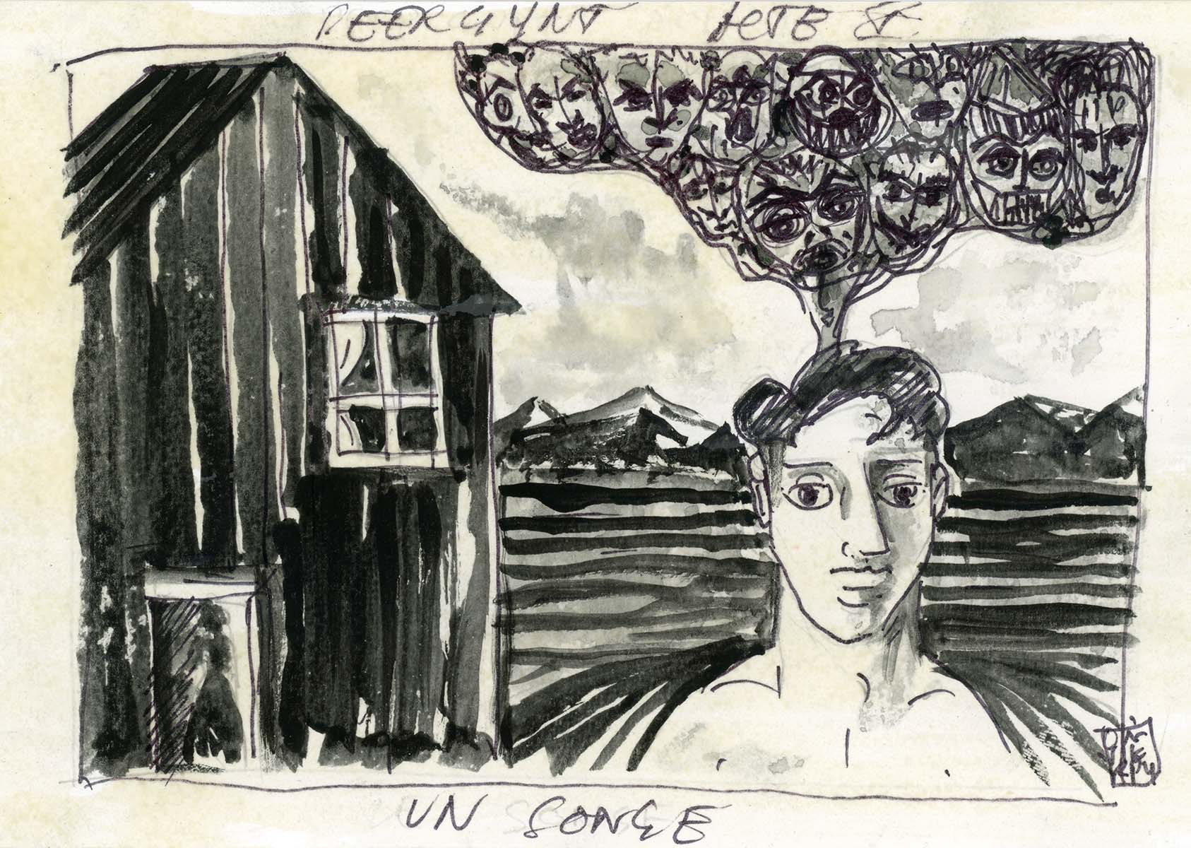 Un dessin d'un jeune homme devant une maison, avec des montagnes au fond, et un nuage constitué de visages émanant de la tête du personnage principal